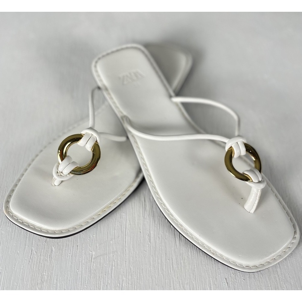 Zara women slip on sandal Square Toe White Gold Straps Size 38 US 7.5 - Picture 5 of 12